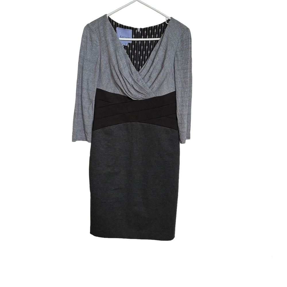 Kay Unger New York Color Block V-Neck Midi Black & Gray Dress Size 6 Stretch EUG